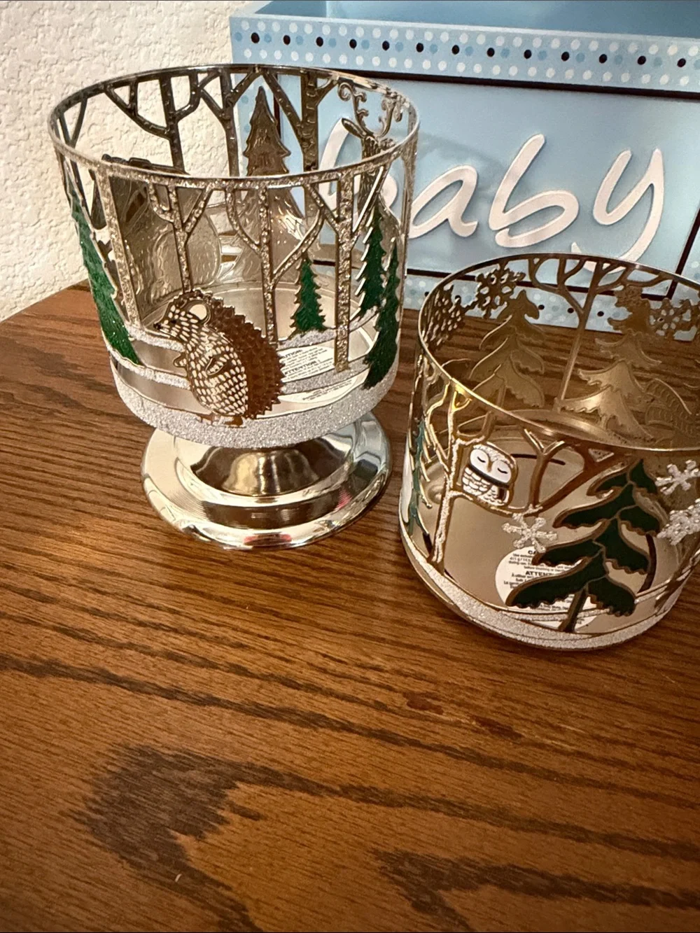 2 Festive Holiday Polar Bear and Tree Candle Holders - Silver and Gold